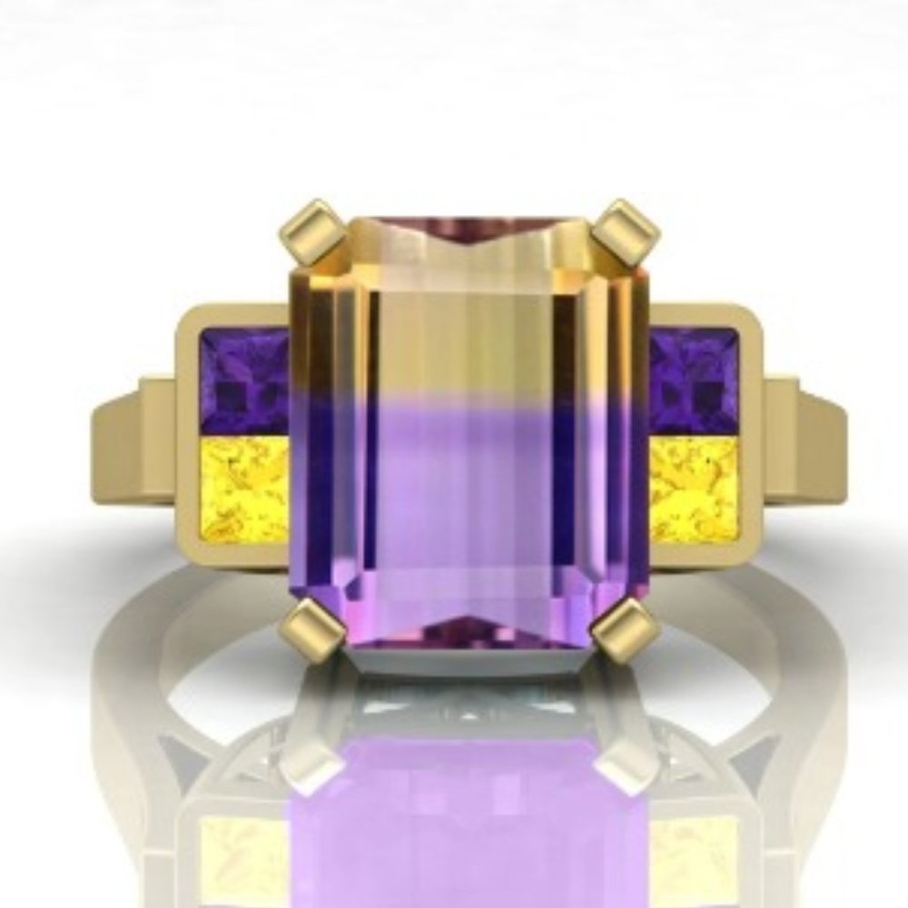 Natural Ametrine, Amethyst and Citrine ring in 10K Yellow Gold